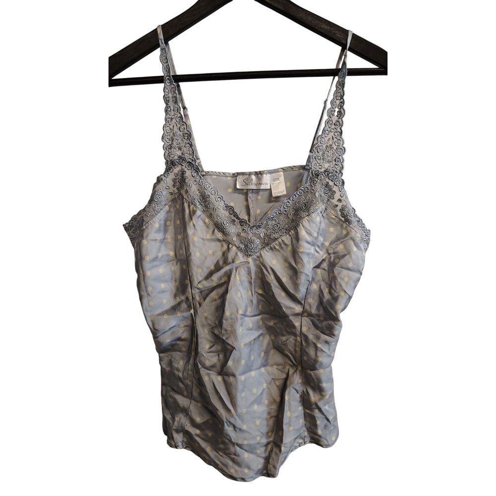 Vintage Silkscreen Large‎ 100% Silk Gray Yellow Dot Lace Strap Women's Camisole